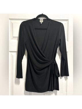 Anne Klein Black Long Sleeve Wrap Blouse Tunic Top Lightweight Flowy Size Small
